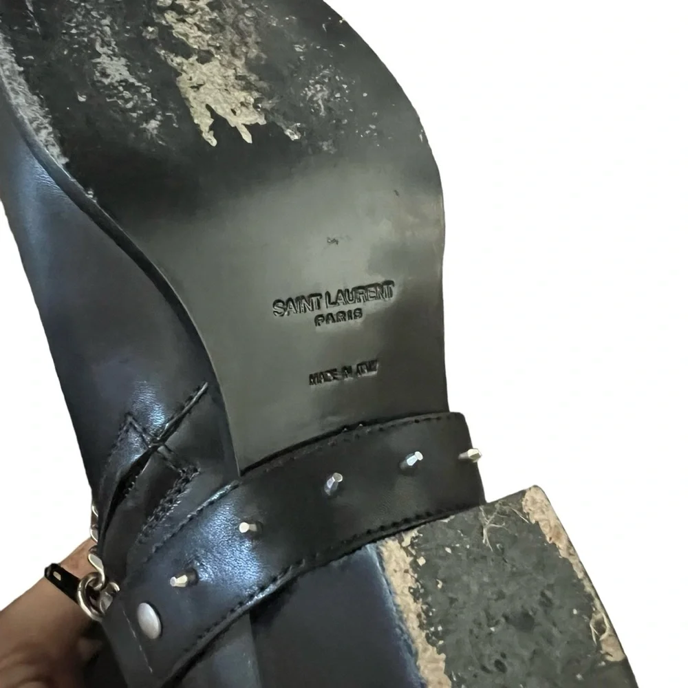 Saint Laurent Black Leather Western Chain Ankle Boots - Picture 15 of 16